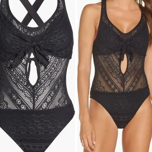 NWT BECCA Color Play Crochet Tie Front One Piece Swimsuit Black XS